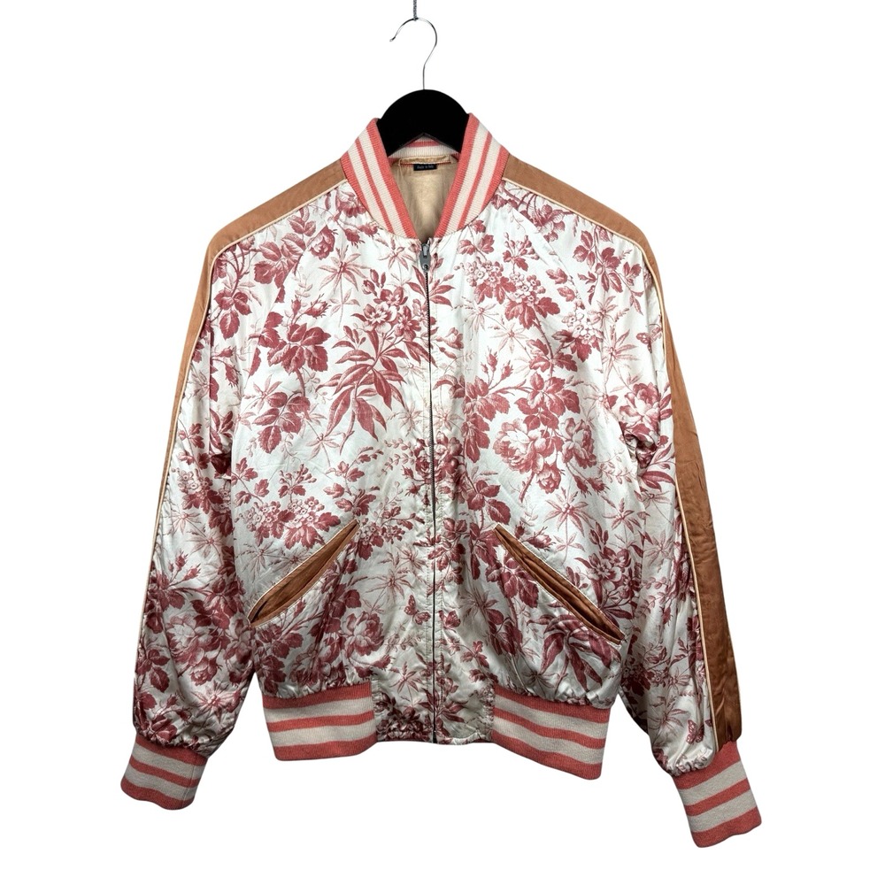 Gucci Floral Silk Bomber Full Zip Jacket Red & Cream Botanical Print Sz 42